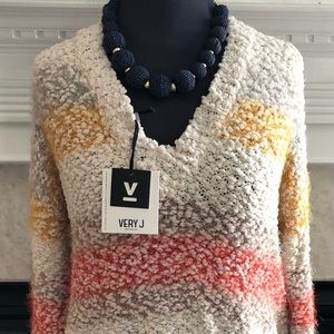 V ery J Oatmeal Multi- Stripes Textured Sweater Long Sleeves Size Small .